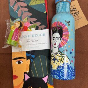Bundle: Frida Kahlo items: 10" water bottle, wooden peg ornament & tea towel